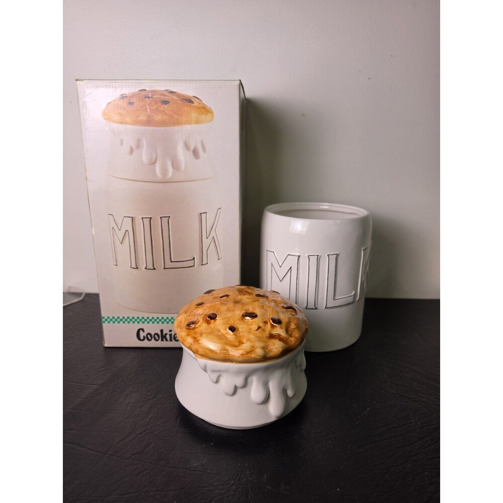 Vintage Ceramic MILK CAN Cookie Jar Chocolate Chip Cookie Lid With Box Taiwan...